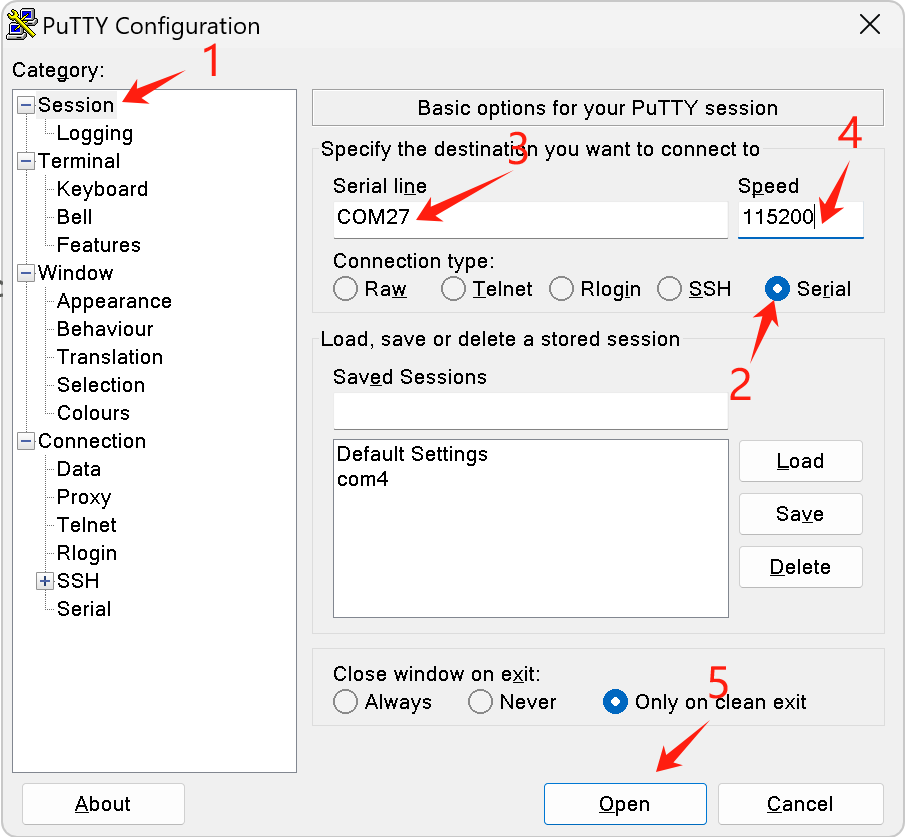 使用 PuTTY 打开串口