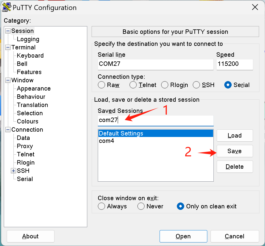 使用 PuTTY 保存串口配置